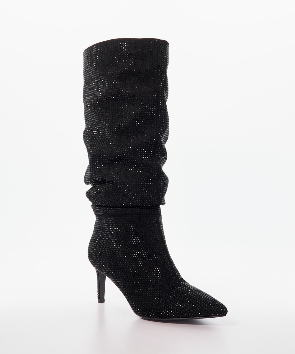 Slouch Black Diamante Ruched Calf Length Boots Dune London